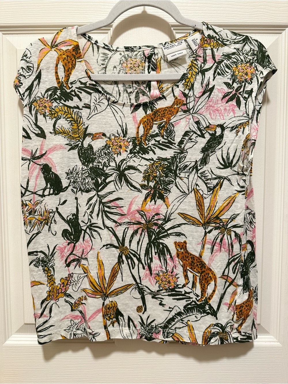 Rachel Zoe White Linen Top with Green, Pink & Yellow Botanical Print
